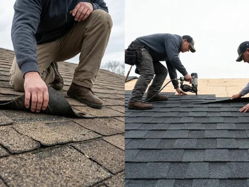 Side-by-side comparison of roof repair and roof replacement on asphalt shingle roofs in New Jersey, showing damaged shingles on the left and new shingle installation on the right.