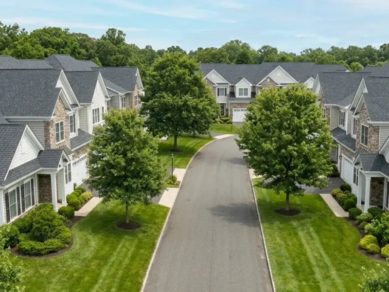 Community association roofing NJ: phased shingle replacement across a New Jersey townhome community.