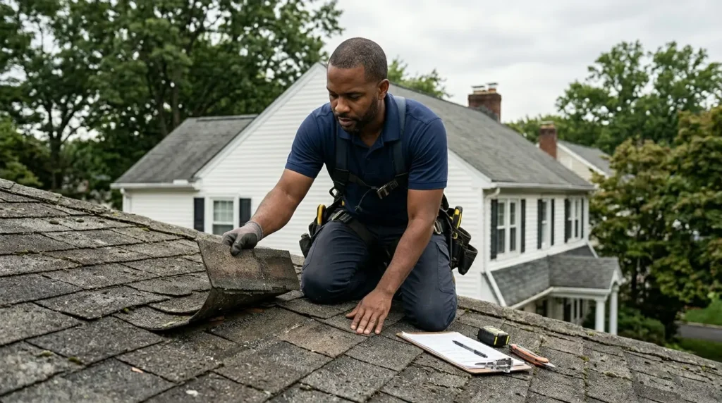 Roof repair vs replacement in NJ: a licensed contractor inspecting an aged asphalt shingle roof on a Monmouth County colonial