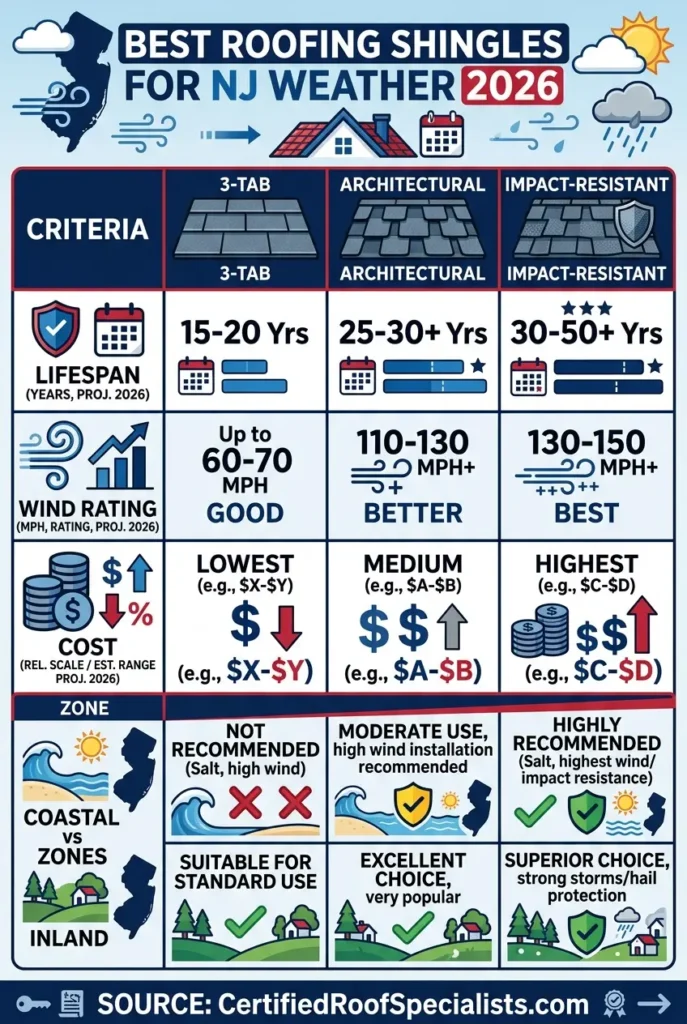NJ roofing shingle comparison infographic: wind rating, lifespan, and coastal vs inland zones