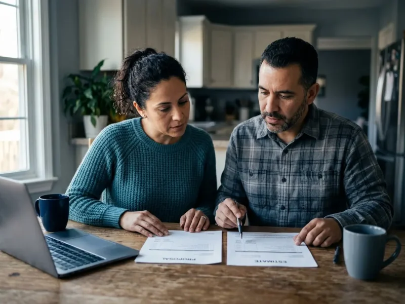 Choosing a roofing contractor in NJ: a couple comparing two written roofing estimates at their kitchen table