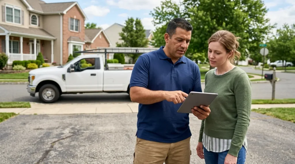 How to choose a roofing contractor in NJ: a licensed roofer reviewing a written line-item estimate with a homeowner on a Monmouth County driveway