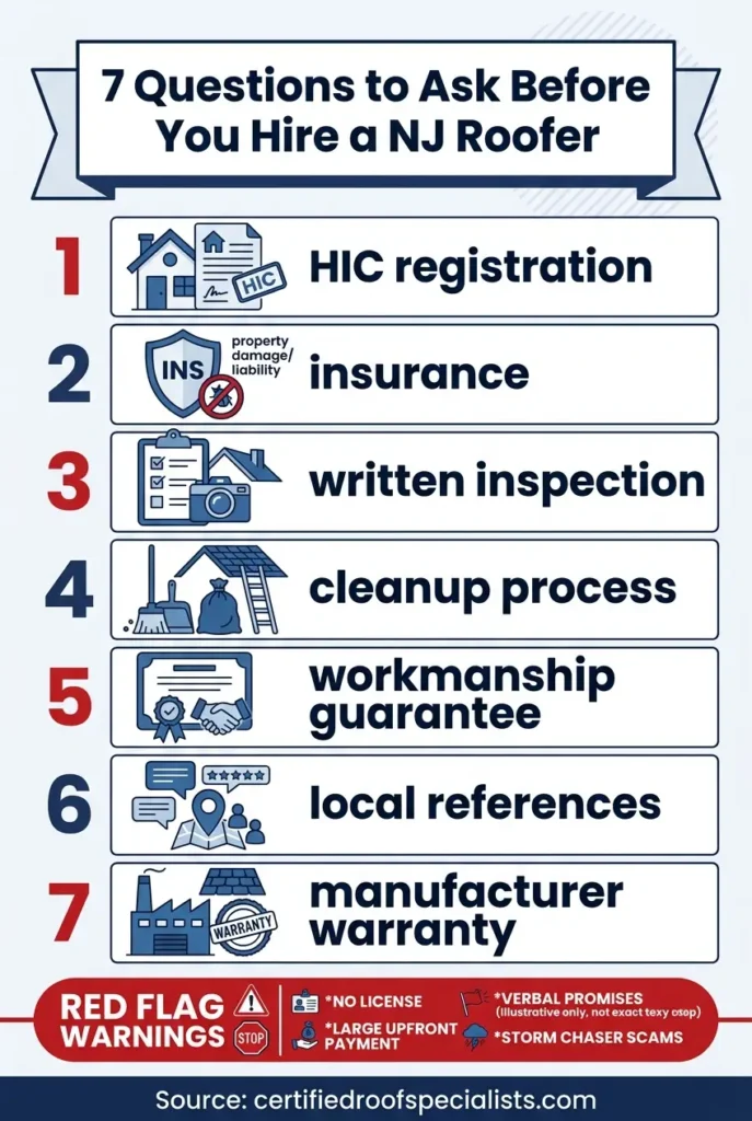 Infographic of the 7 questions to ask before hiring a roofing contractor in NJ