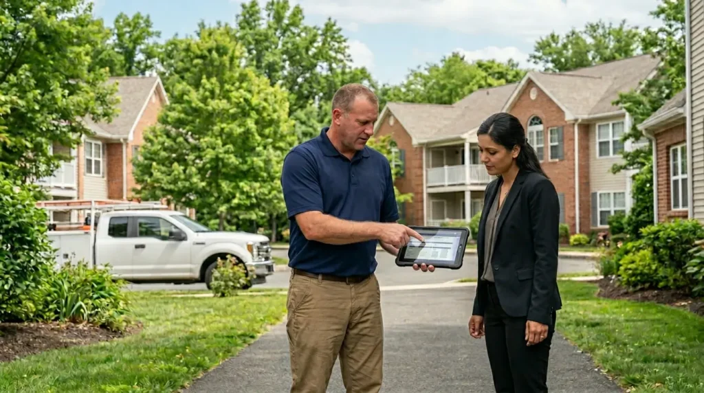 Community association roofing NJ: a contractor reviewing a per-building condition assessment with an HOA property manager at a 55-plus community in Manchester