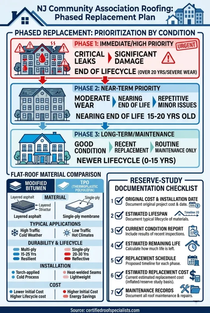 NJ community association roofing phased replacement and reserve planning infographic