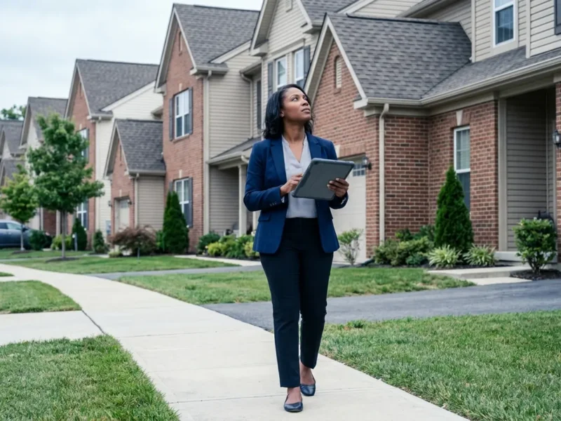 NJ HOA roof budgeting: a property manager walking a townhome community with a tablet