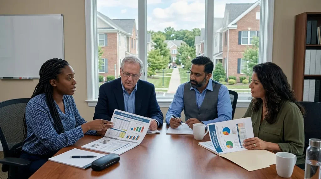 How NJ HOAs budget for roof replacement: a community association board reviewing a reserve study funding plan and per-building roof condition report