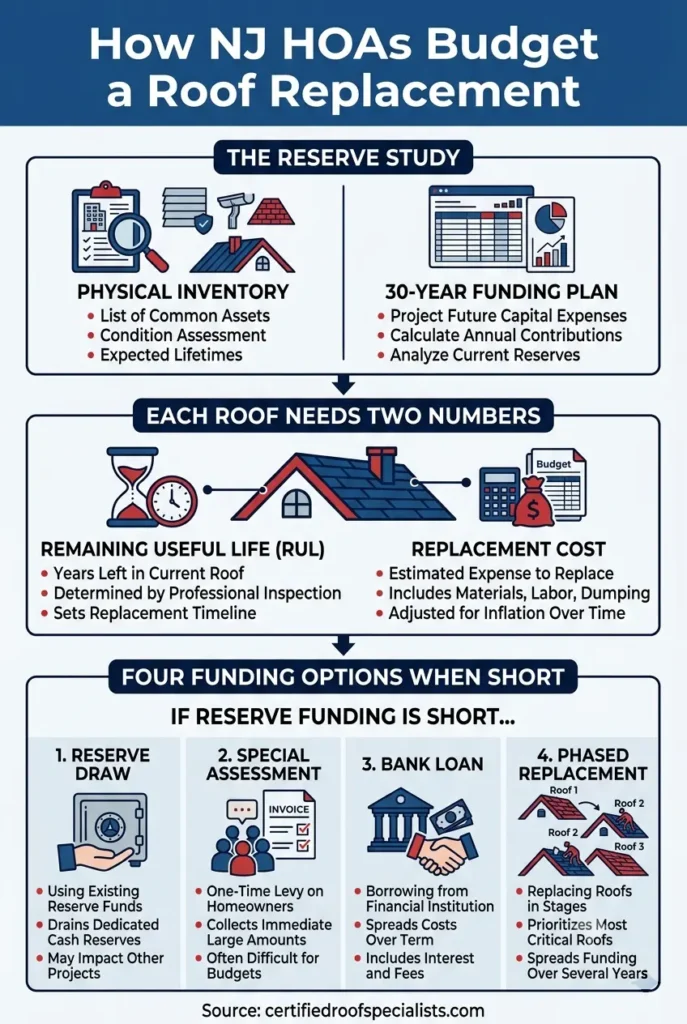 NJ HOA roof budgeting infographic: reserve study, two inputs, and four funding options