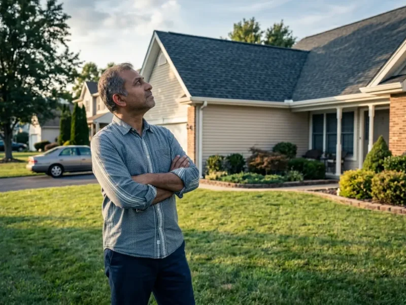 How long does a roof last NJ: a homeowner inspecting his durable architectural shingle roof