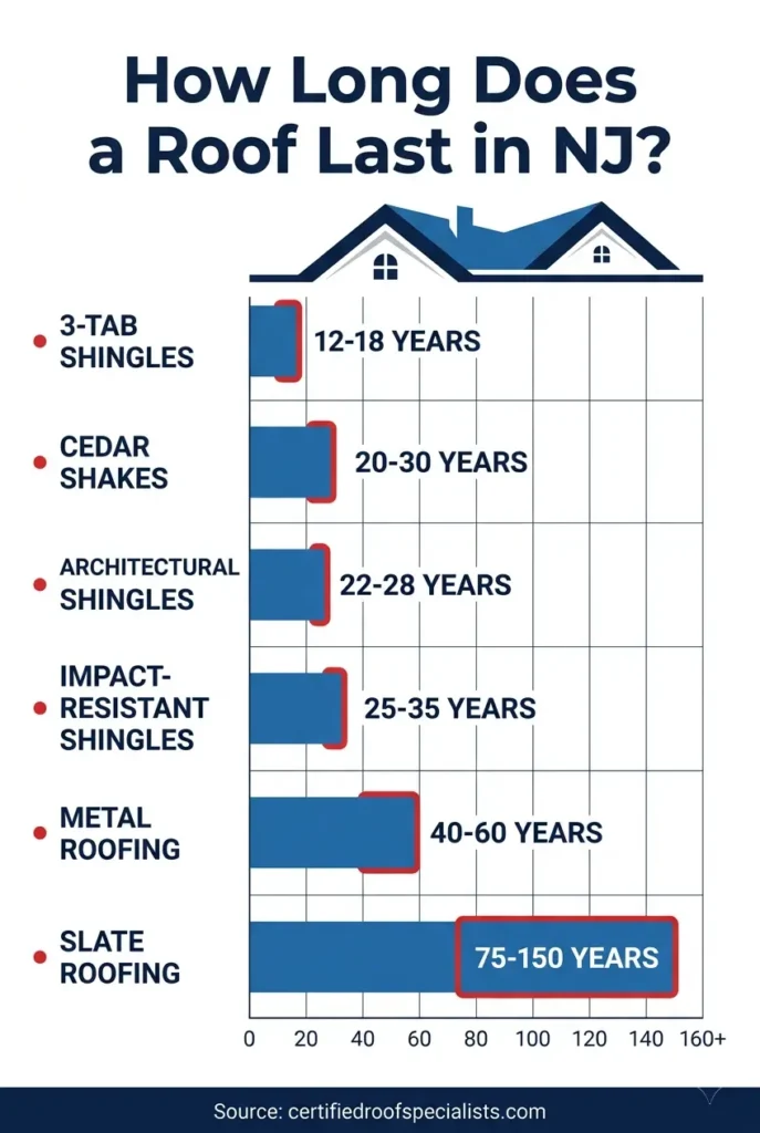 NJ roofing material lifespan ranges chart: 3-tab, architectural, impact-resistant, metal, cedar, and slate