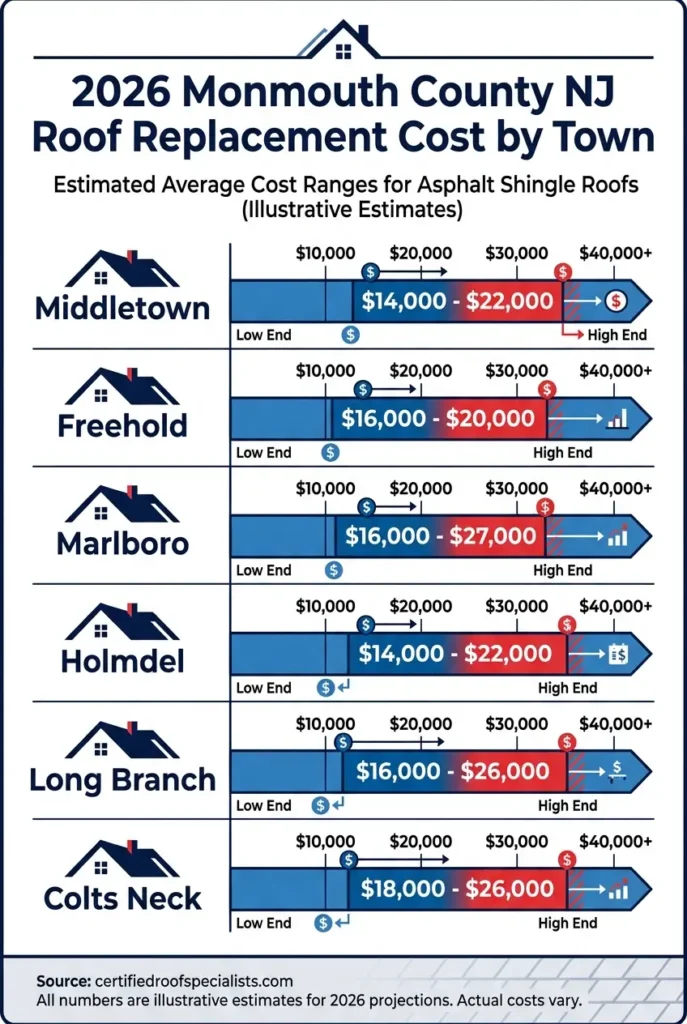 2026 Monmouth County NJ roof replacement cost by town infographic
