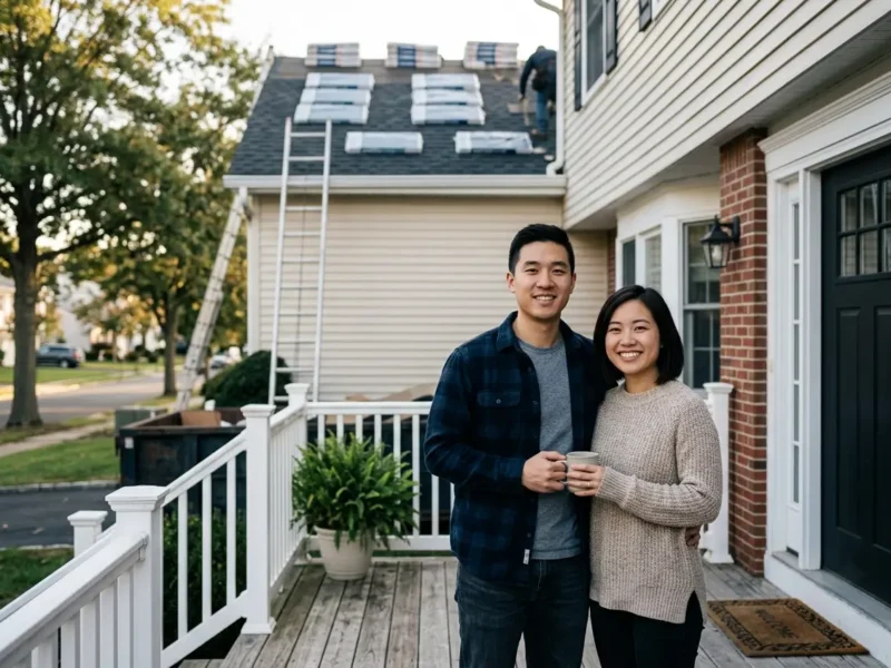 Preparing for a NJ roof replacement: a couple smiling on their front porch while their roof is being replaced