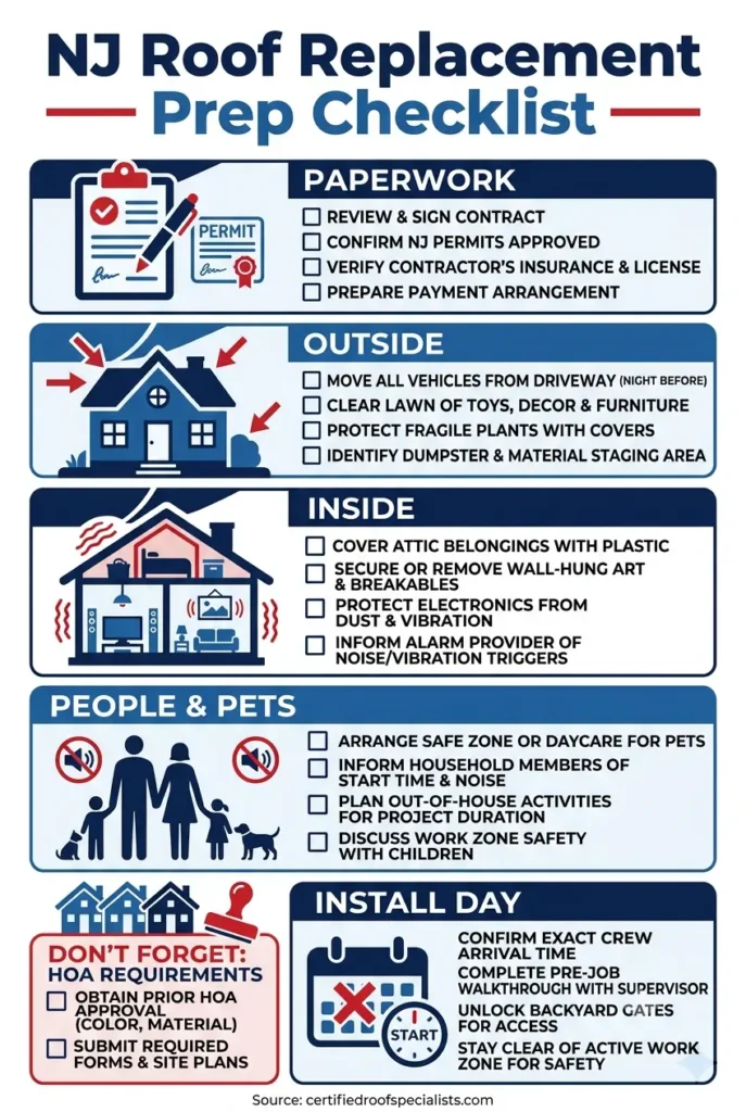 NJ roof replacement preparation checklist infographic: paperwork, outside, inside, people, install day
