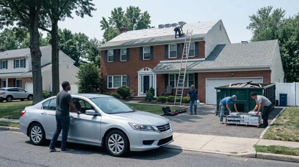 How to prepare for a roof replacement NJ: a homeowner moving a car off the driveway as a roofing crew stages materials and a dumpster