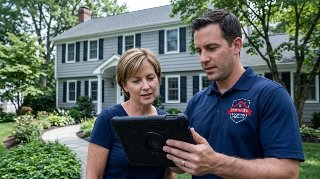 Roof replacement cost in Monmouth County NJ — a roofer reviewing a written 2026 estimate with a homeowner outside a colonial home