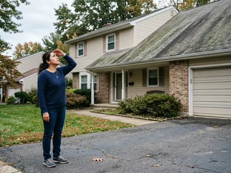 Signs you need a new roof NJ: a homeowner studying her aging streaked roof from the driveway