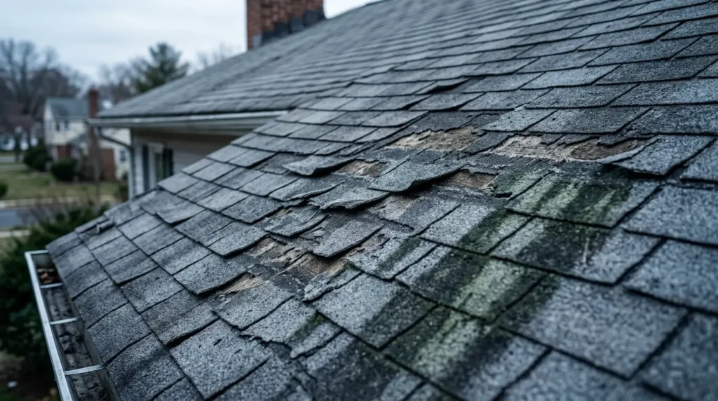 Signs you need a new roof NJ: a deteriorating New Jersey roof showing curling shingles, granule loss, and dark algae streaking