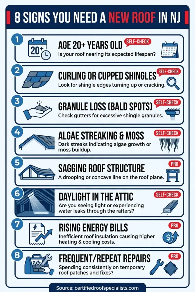 Infographic of the 8 signs you need a new roof in NJ with self-check vs professional indicators