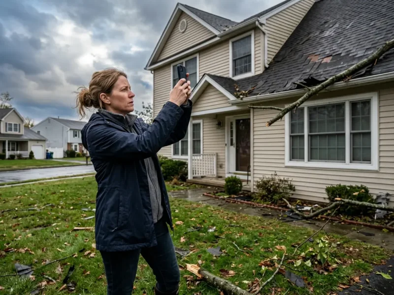 Storm damage roof inspection NJ: a homeowner photographing wind-damaged shingles from the ground