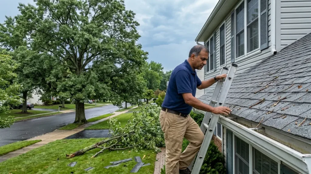 Storm damage roof inspection NJ: a licensed inspector examining a wind-damaged roof with displaced shingles after a nor'easter