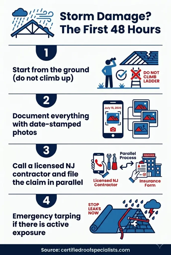NJ storm damage first 48 hours: 4-step roof inspection checklist infographic