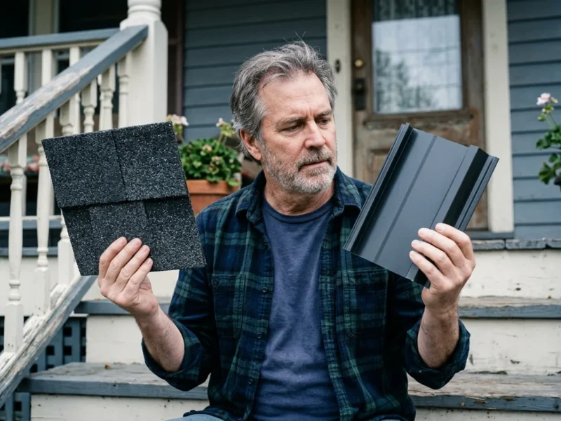 NJ asphalt vs metal roofing: a homeowner comparing an asphalt shingle and a metal panel sample