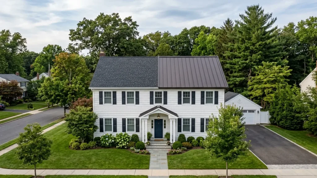 Asphalt vs metal roofing NJ: a New Jersey colonial shown with charcoal asphalt shingles and a standing seam metal roof