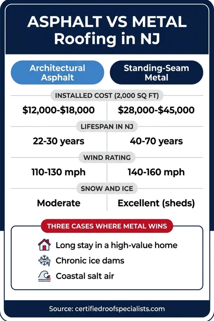 NJ asphalt vs metal roofing cost, lifespan, wind, and snow comparison infographic