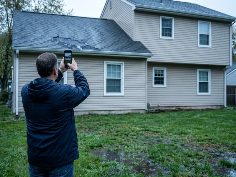 Does insurance cover roof replacement NJ: a homeowner photographing storm roof damage for a claim