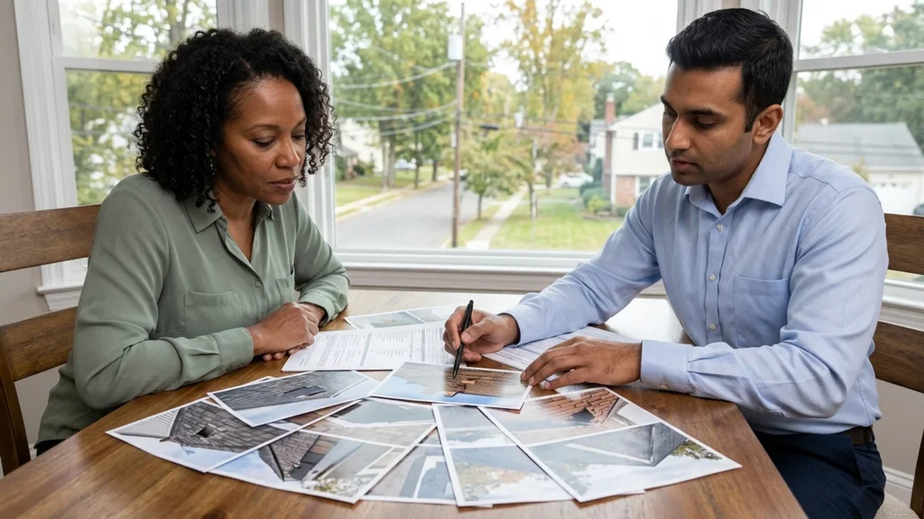 does insurance cover roof replacement in NJ: a homeowner and adjuster reviewing storm roof damage photos with a claim form