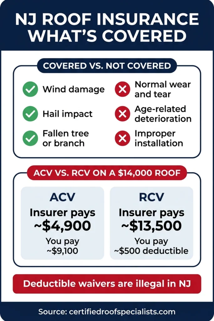 NJ roof insurance ACV vs RCV and covered vs not-covered infographic