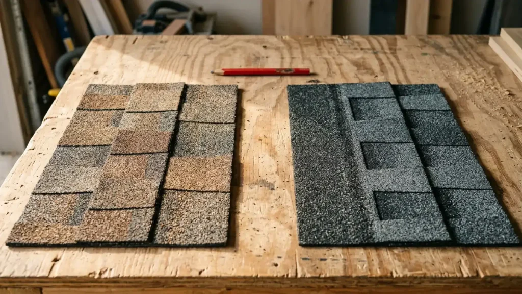 GAF vs CertainTeed shingles NJ: Timberline and Landmark architectural shingle samples side by side on a contractor's workbench