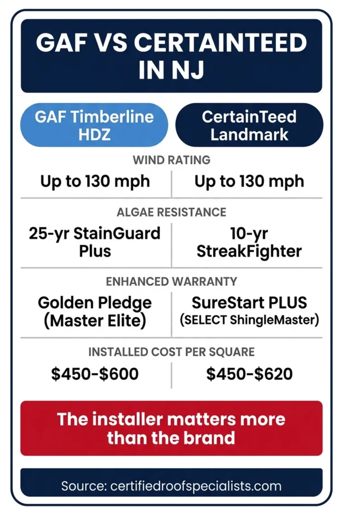 GAF vs CertainTeed side-by-side shingle comparison infographic for NJ