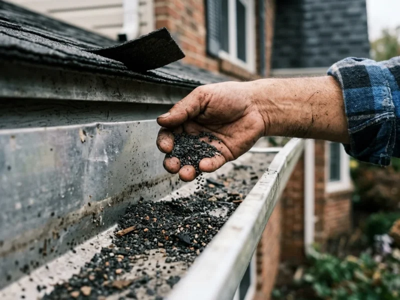NJ hail damage: a hand scooping loose asphalt shingle granules out of a dented gutter after a hailstorm
