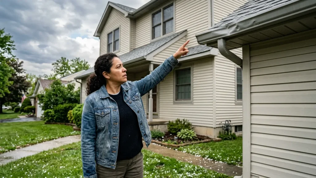 Hail damage roof NJ: a homeowner pointing to dented aluminum gutters and downspouts after a summer hailstorm