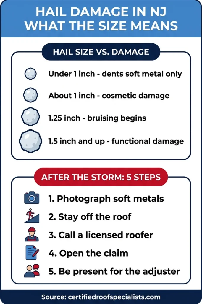 NJ hail size vs roof damage chart and after-the-storm checklist infographic