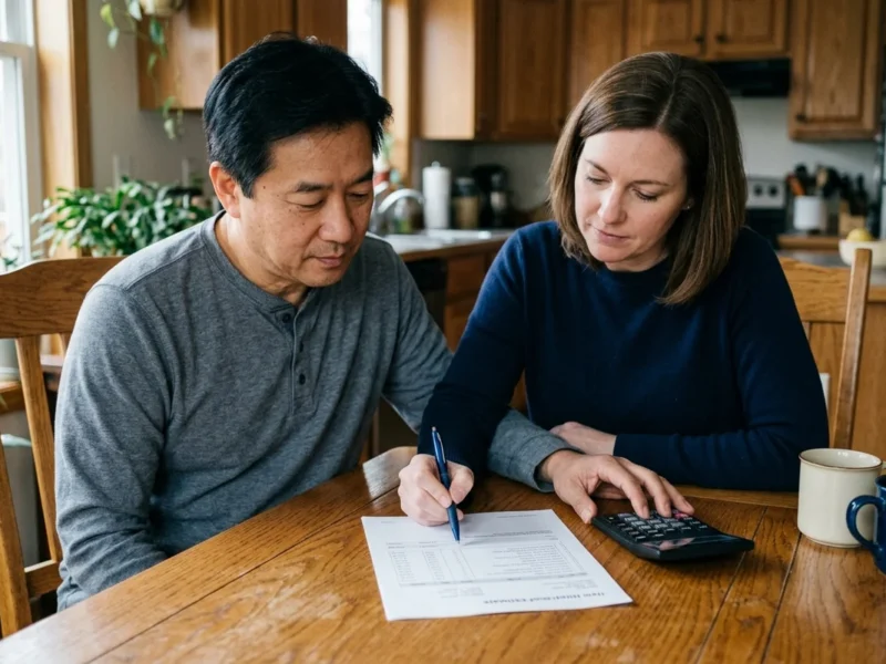 NJ new roof cost: a couple reviewing a written roof estimate at their kitchen table