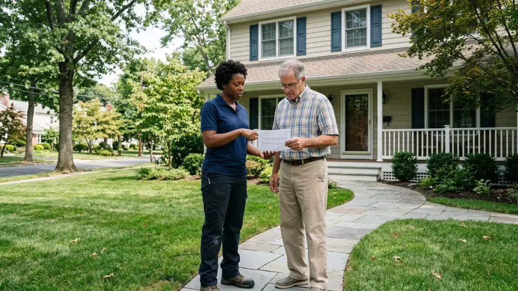 How much does a new roof cost in NJ: a roofer reviewing a written 2026 estimate with a homeowner outside a NJ home