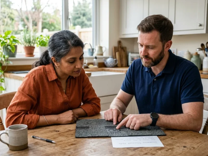 NJ impact resistant shingles: a homeowner and roofer reviewing a shingle sample and an insurance discount note