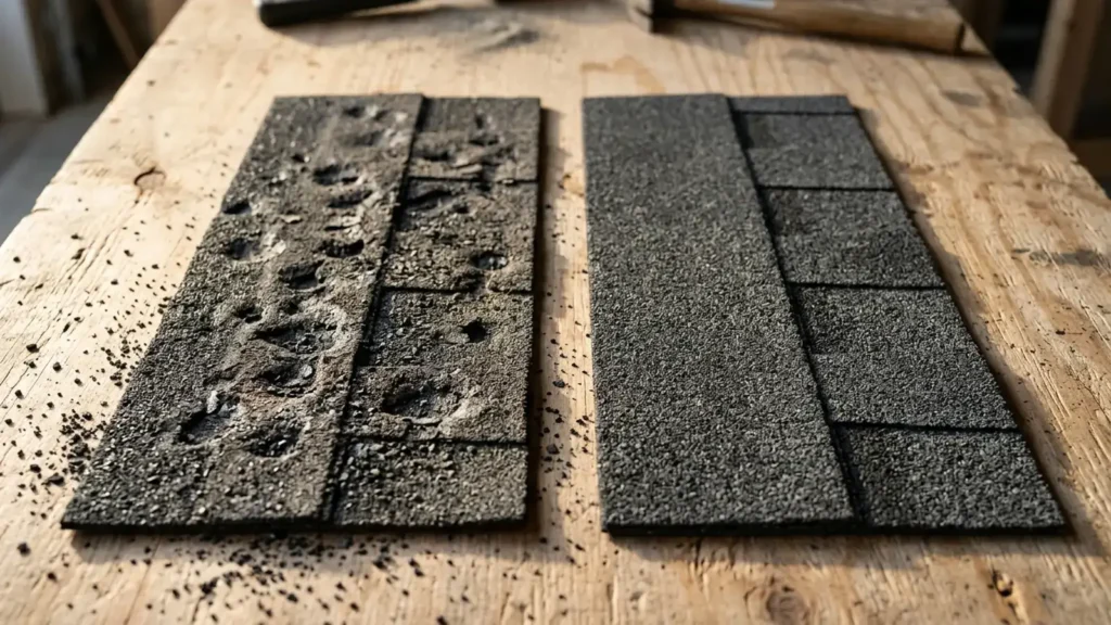 Impact resistant shingles NJ: a Class 4 architectural shingle and a hail-bruised standard shingle side by side on a workbench