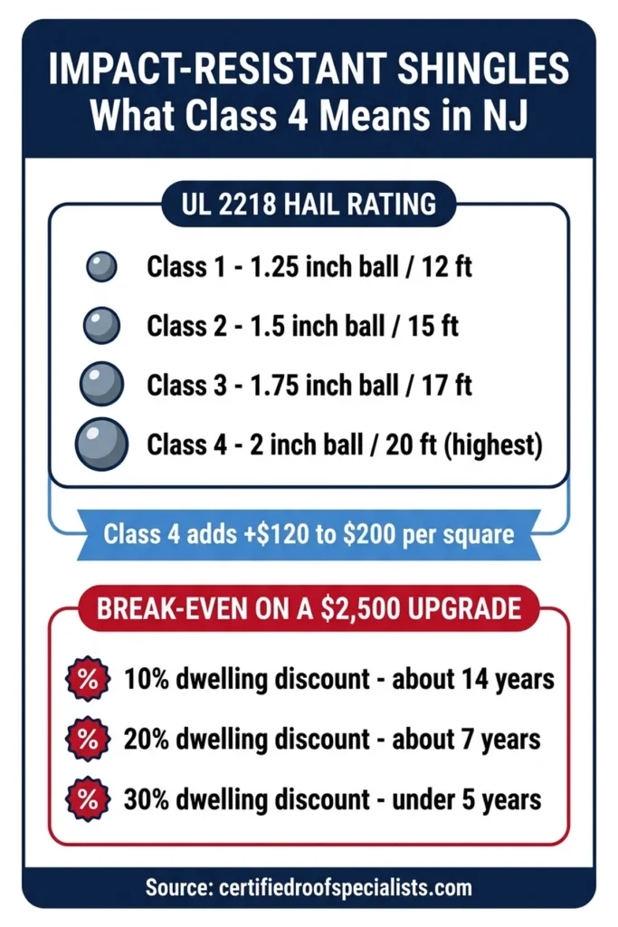 UL 2218 hail rating Class 1 to 4 and NJ insurance discount break-even infographic for impact resistant shingles