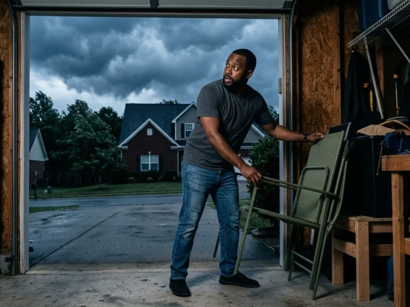NJ summer storm roof prep: a homeowner bringing patio furniture into the garage before an approaching storm