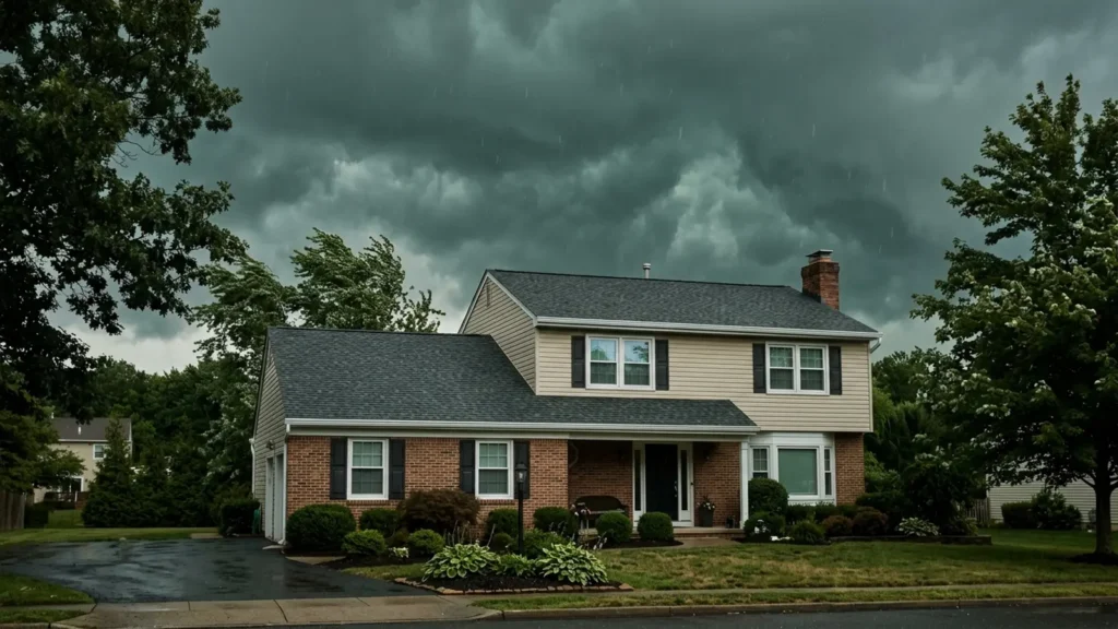 NJ summer storm roof prep: a New Jersey home under a dark pre-storm summer sky with the architectural-shingle roof in sharp focus
