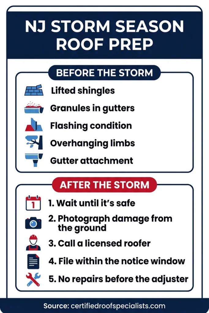 NJ pre-storm and post-storm roof checklist infographic