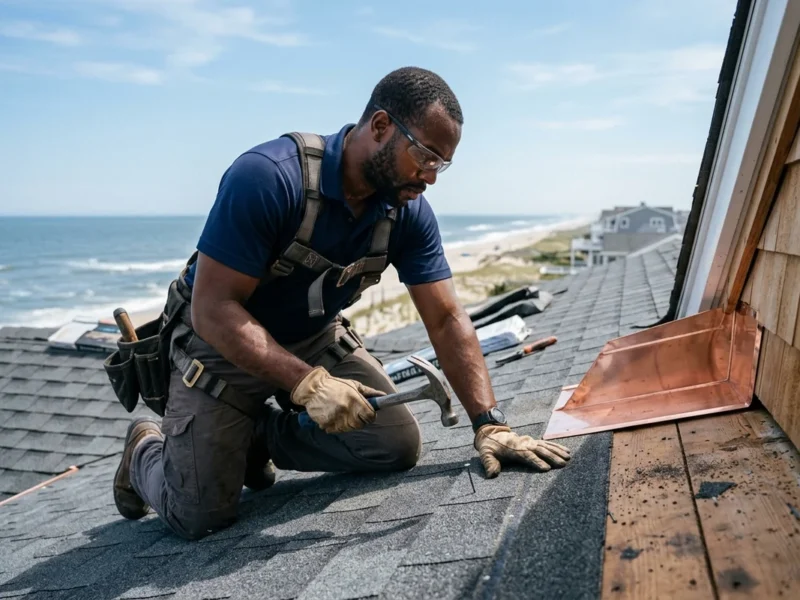 NJ wind zone shingles: a roofer hand-nailing wind-rated shingles and copper flashing on a coastal home