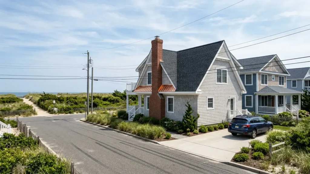 NJ wind zone shingle requirements: a coastal NJ home with 130 mph wind-rated architectural shingles and copper flashing