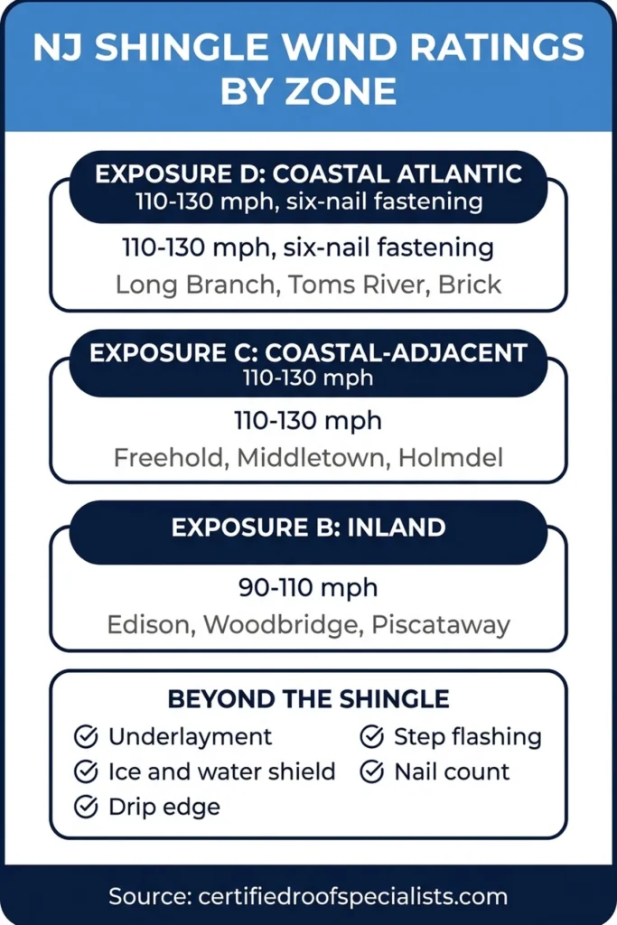 NJ shingle wind rating by exposure zone infographic: coastal vs inland