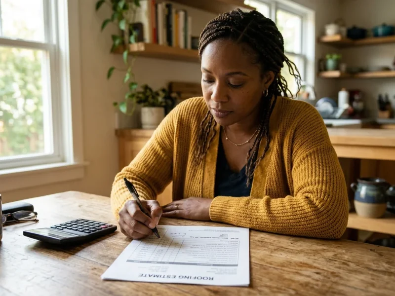 New Jersey homeowner reviewing a written roof replacement estimate at the kitchen table
