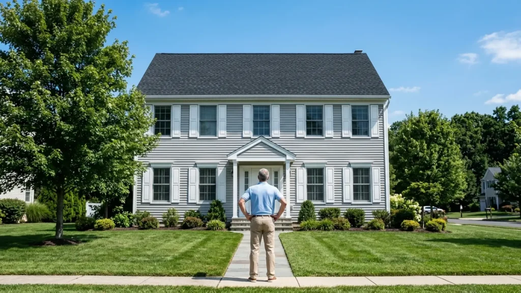 roof replacement cost NJ: a homeowner standing on his front lawn looking up at the brand-new architectural shingle roof on his New Jersey colonial home