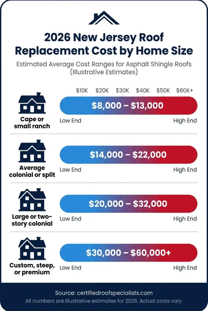 infographic of NJ roof replacement cost ranges by home size for 2026